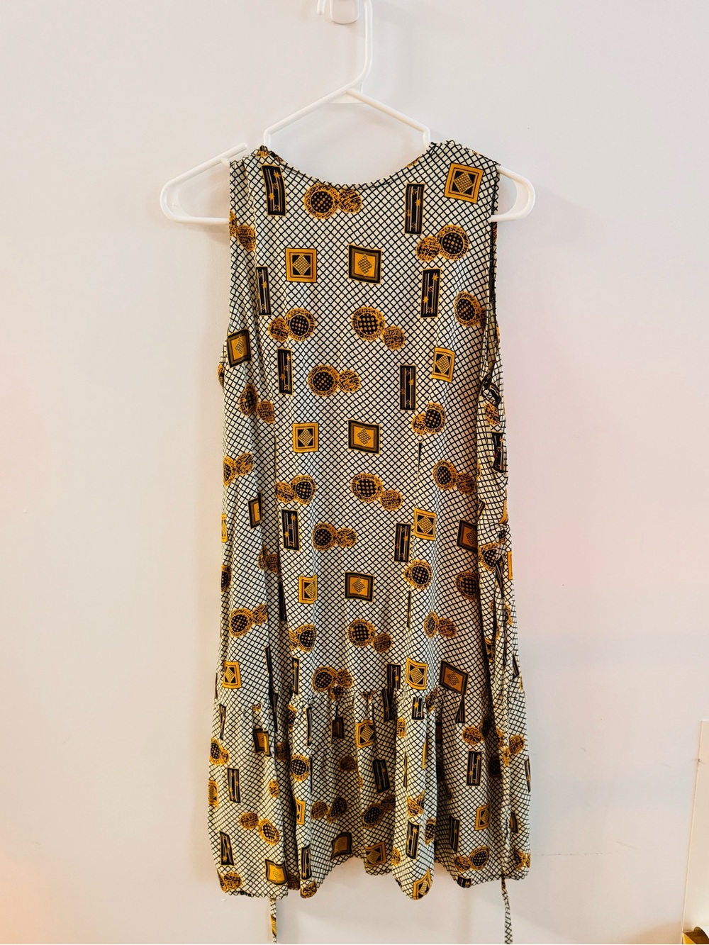 Vintage 90s tiered rayon summer mini dress sleeveless gold medallion print M